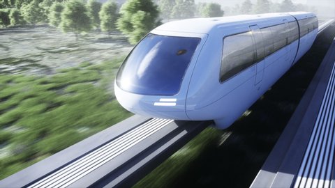 futuristic sci fi monorail train. Concept of future. Futuristic city background. Grass field. 4K realistic animation.