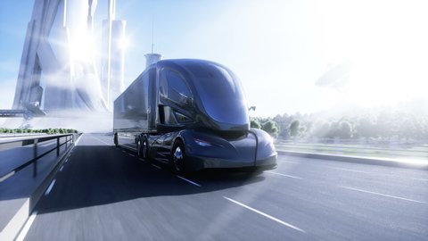 3d model of generic futuristic electric truck on highway. Future city background. Electric automobile. Realistic 4K animation