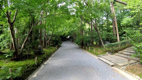 Video of walking along gravel path through the traditional Japanese moss park of Ryoan-ji temple. Kyoto. Japan
