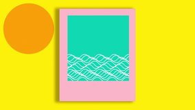 Retro 2D animation of turquoise poster with geometric shapes moving on yellow background