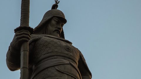 Seoul, South Korea - January 22, 2016 : Hyperlapse shot of the Statue of Admiral Yi Sun-Shin at Gwanghwamun plaza in Seoul City, South Korea