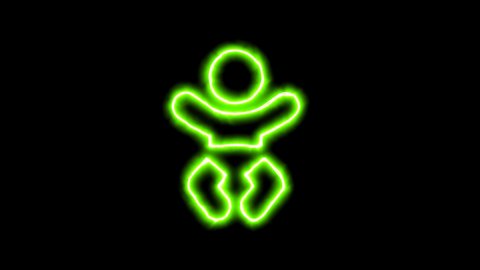 The appearance of the green neon symbol baby. Flicker, In - Out. Alpha channel Premultiplied - Matted with color black