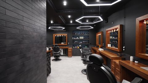 Vintage barbershop interior - movement along the chairs, wooden tables and mirrors. Stylish hair studio indoors. Stylish beauty salon design with modern lighting and lamps.