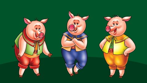 Three pigs. Cartoon characters meeting three little piglets.
