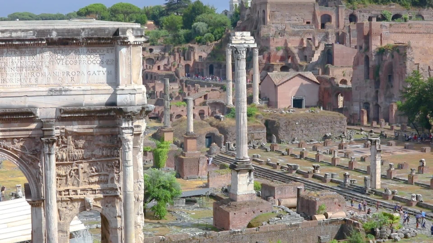 Basilica Julia at the Roman Forum in Rome. The ruins of ancient Rome. The ruins of the Roman Forum. Basilica Julia at the Roman Forum panorama