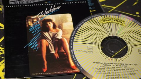 Rome, Italy - June, 10 2020, cd of the soundtrack of the 1983 musical film Flashdance by Adrian Lyne, with Jennifer Beals, at the age of twenty.