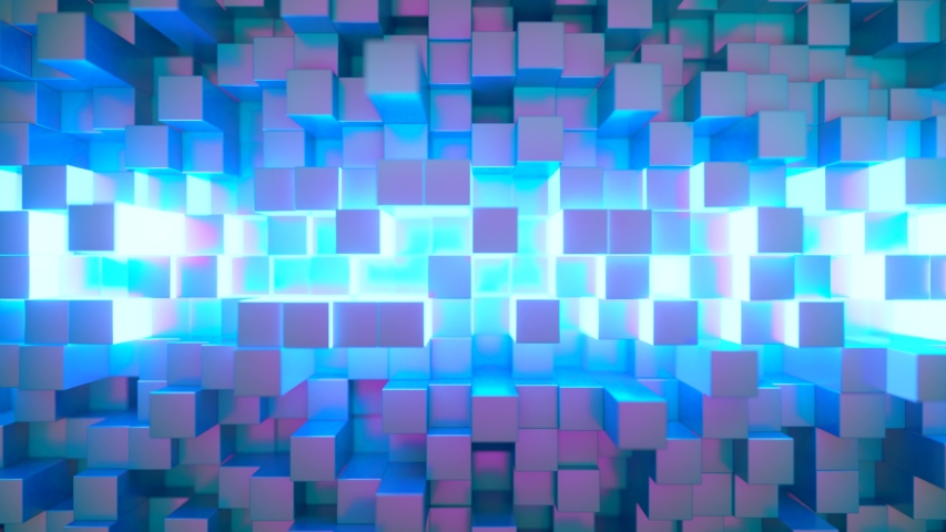 Abstract technology background for business presentations. Randomly moving cubes. Bright neon glow in the middle. Seamless loop 3d render Royalty-Free Stock Footage #1054475567