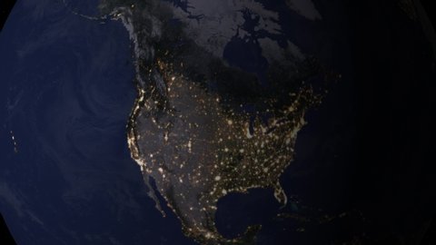 Zoom to United States of America. The Night View of City Lights. World Zoom Into USA - Planet Earth. Political Borders of American Countries: United States of America and Canada,