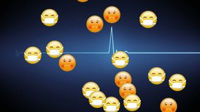 Animation of a group of emojis flying over a heart rate monitor recording, coronavirus Covid-19 spreading on a blue background. Global pandemic coronavirus Covid 19 outbreak social distancing and self - Powered by Shutterstock - Get 15% off with code: PIKWIZARD15