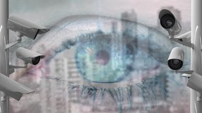 Animation of close up of binary coding, data processing, human eye, CCTV cameras recording and coronavirus Covid-19 spreading, cityscape in the background. - Powered by Shutterstock - Get 15% off with code: PIKWIZARD15