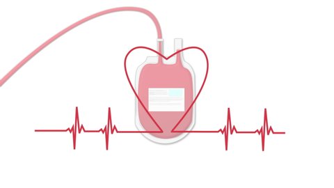 Heart rate forms a symbolic heart with a preserved blood bag of a blood donation in the background