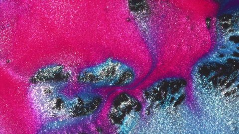 Pink & Blue particles flowing through rivers on Black background. Pink & Black flow Series. Macro Abstract liquid visuals.