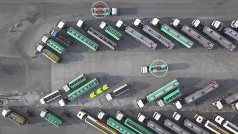 Aerial Top View of Fuel gasoline truck Parking with other Trucks on Special Parking Lot. Smart Artificial Intelligence Futuristic concept
