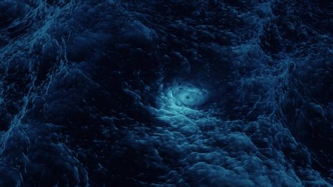 Deep dark scary ocean. Seamless looping fluid animation. Blue mysterious glow under waves. Cthulhu monster. turbulent storm.