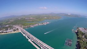 Aerial video the Sarasin Bridge view point connect PhangNga province to Phuket Island, Thailand