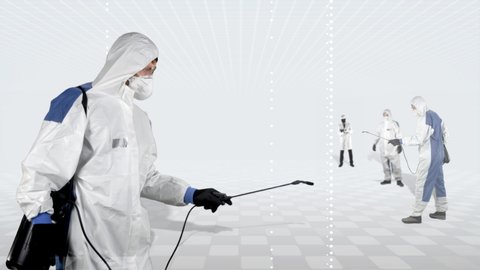 Disinfection man with special white suit and equipment cleaning surface on blue background with other cleaning staff