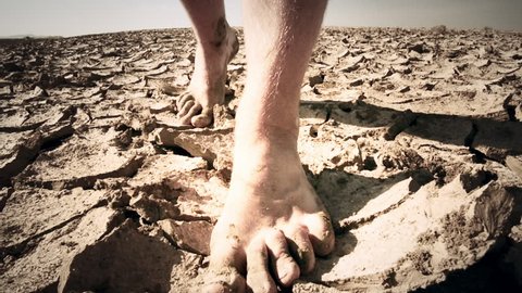 Barefoot man walks through deserted land on cracked dry surface toward camera. Conceptual background slow motion close up video 