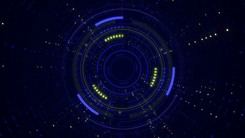 Circle HUD elements.Technological element.Cosmic Sci Fi abstract animation.Rotating shining circles.Blue,yellow.