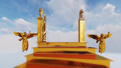Golden stairway to gates of heaven with flying angels against cloudy sky and white doves, 4K