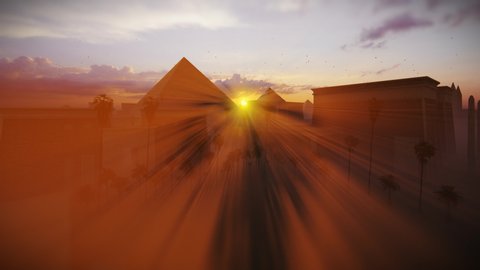 Great Giza pyramids of Khufu, Menkaure and Khafre against magical sunset, Cairo, Egypt 4K