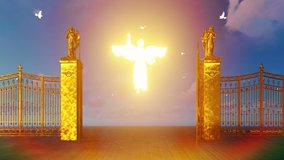 Golden gates of heaven opening to reaveal glowing angel and flying white doves - Powered by Shutterstock - Get 15% off with code: PIKWIZARD15