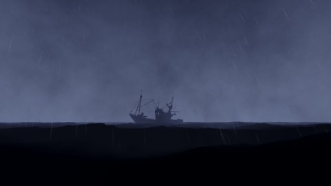 Fishing ship sailing on rough sea against lightning storm