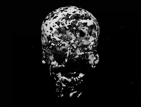 3d animation of abstract art white glossy surreal spooky 3d skull based on white milk and black oil liquid splash mix fluid with turbulence deformation movement process on black background Video de stock