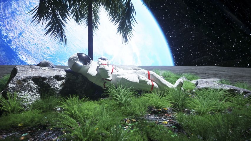 Astronaut idle on the moon oasis. 3d rendering.