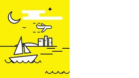 animation. a white boat swinging on the waves, flying airplane in the sky, a night with a moon and stars. yellow background. next, white background for inscription or text