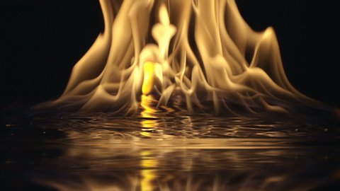Gasoline ignites with a bright flame on a reflective surface and a huge fire soars up with spurts of flame. Closeup. Slow mo, slo mo, slow motion, high speed camera. V-log - High Dynamic Range