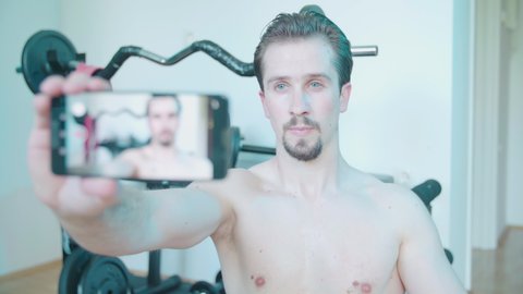 Nude Male Home Fitness Influencer Talking Stock Footage Video (100%