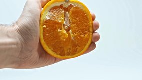 Slow motion of man squeezing piece of orange isolated on white
