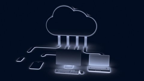 A cloud with arrows that point to a computer and tablet with a smartphone in blue tinting. 3d render.
