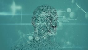 Animation of digital human head made of grey particles spinning over double helix of DNA strand rotating and data processing with particles floating on green background. Artificial intelligence - Powered by Shutterstock - Get 15% off with code: PIKWIZARD15