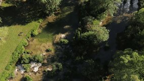 Aerial view of a beautiful waterfall in Pedrosa de Tobalina, Burgos, Spain . High quality 4k footage