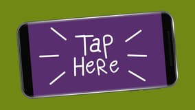 Animation of white words Tap Here flickering on a purple screen of a smartphone on green background. Communication and connection concept digitally generated image. - Powered by Shutterstock - Get 15% off with code: PIKWIZARD15
