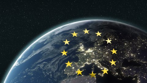 Animation of European Union flag with yellow stars turning over Europe on planet Earth seen from space on blue background. European community concept digitally generated image.