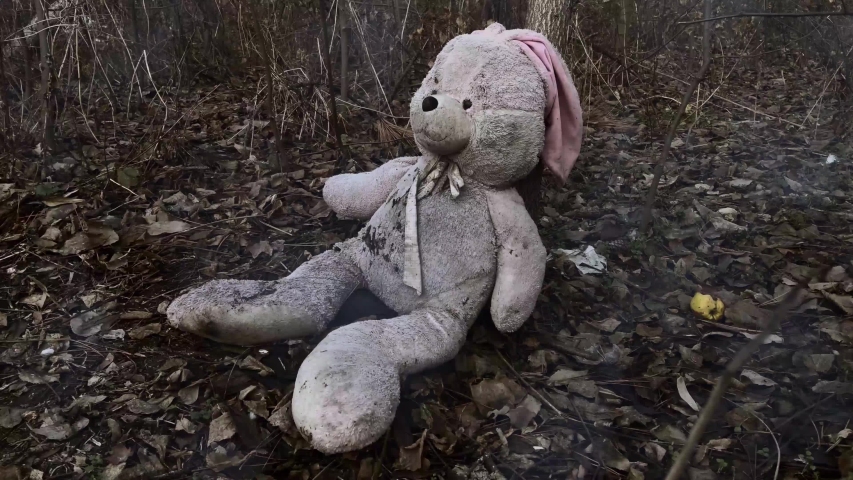 Lonely forgotten abandoned teddy toy bunny-rabbit  in forest covered with autumn leaves. (concept: depression, loneliness) Royalty-Free Stock Footage #1054548929