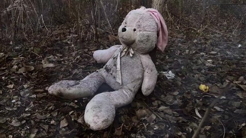 Lonely forgotten abandoned teddy toy bunny-rabbit  in forest covered with autumn leaves. (concept: depression, loneliness)