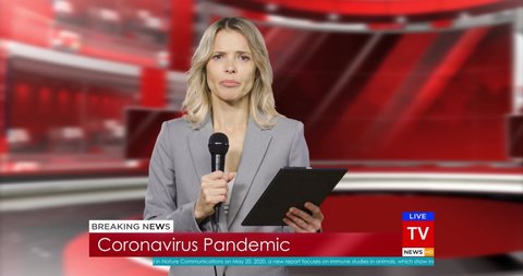 Caucasian woman presenter of breaking news in red studio reading info in mic. TV hot news program. Female correspondent talking about covid-19 pandemic. Coronavirus in television night news episode.