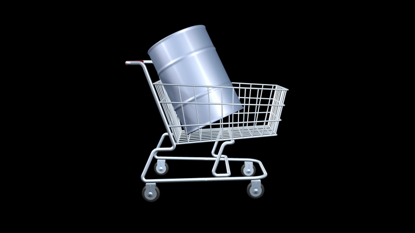 The concept of buying or selling liquid fuel or oil. The barrel symbol lies in the grocery shopping cart. Rendering seamless 3d animation. 