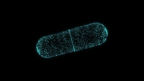 Hologram of rotating blue particles in form pharmaceutical capsule isolated on black background. Closeup