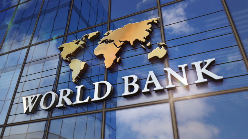 World Bank on glass building. Mirrored sky and city modern facade. Global capital, business, finance, economy, banking and money concept 3D rendering animation. Royalty-Free Stock Footage #1054551548