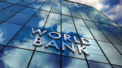 World Bank on glass building. Mirrored sky and city modern facade. Global capital, business, finance, economy, banking and money concept seamless and loopable 3D rendering animation.