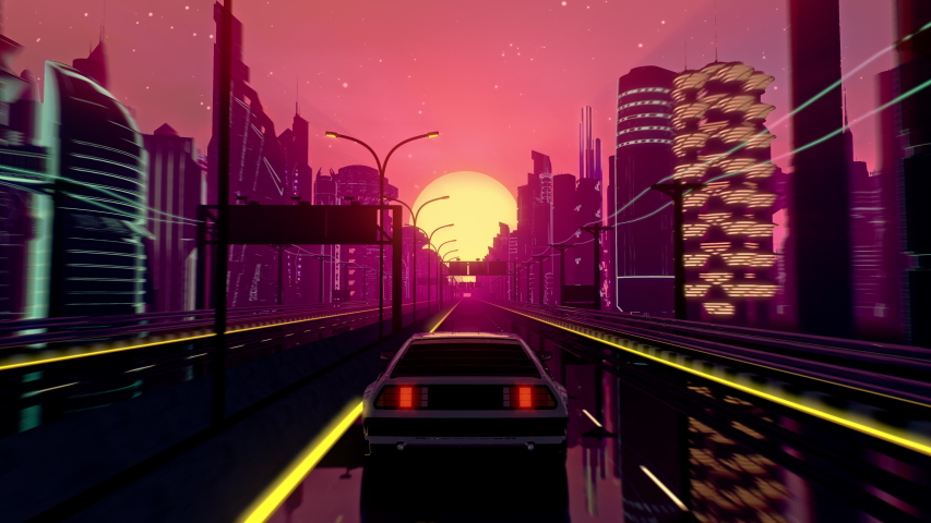 Retro-futuristic 80s style drive in neon city. Seamless loop of cyberpunk sunset landscape with a moving car on a highway road. VJ synthwave looping 3D animation for music video. 4K stylized vintage | Shutterstock HD Video #1054552079