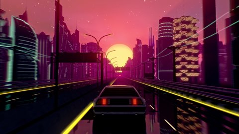 Retro-futuristic 80s style drive in neon city. Seamless loop of cyberpunk sunset landscape with a moving car on a highway road. VJ synthwave looping 3D animation for music video. 4K stylized vintage
