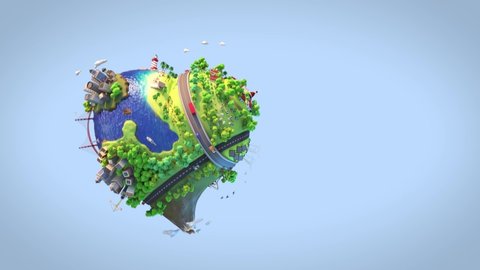 Loop animation of heart shaped world showing a peaceful and sustainable lifestyle, green planet with clean energy and happy mood in sunny day as concept for love and peace. 3d render animation