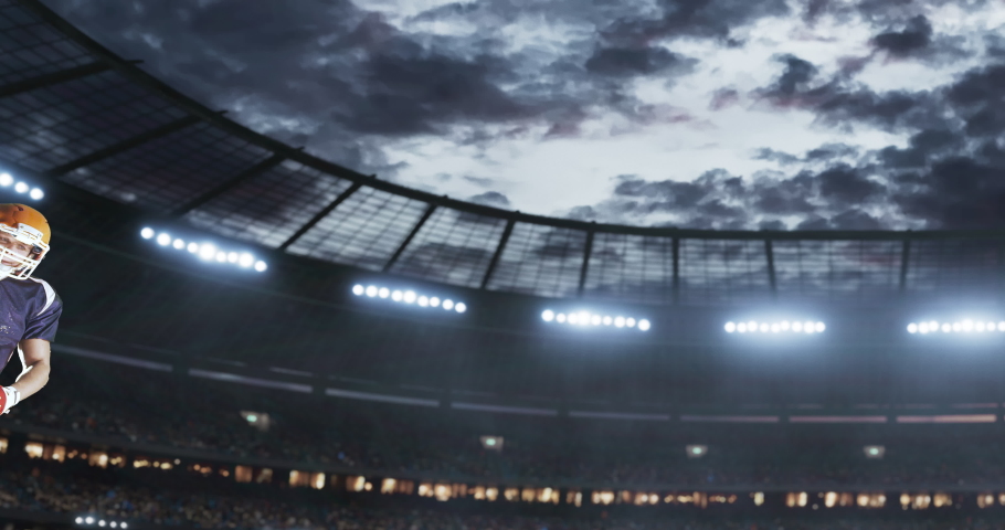 American football player in action on a professional stadium. Stadium is made in 3d with animated crowd.