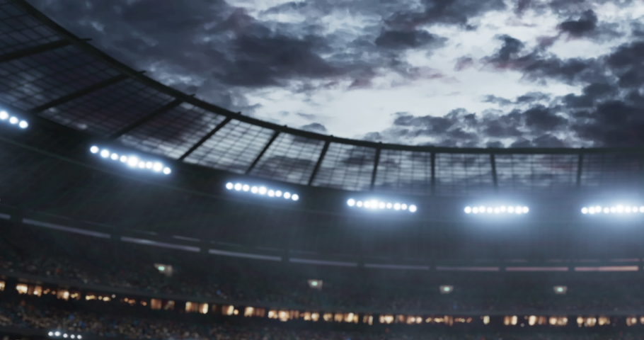 American football player in action on a professional stadium. Stadium is made in 3d with animated crowd.