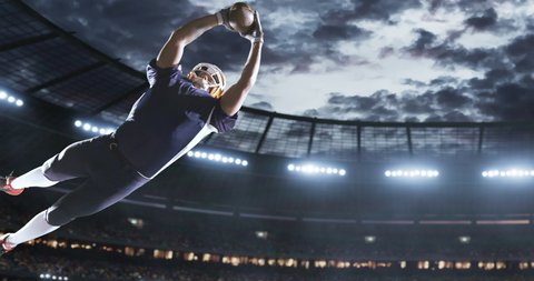 American football player in action on a professional stadium. Stadium is made in 3d with animated crowd.